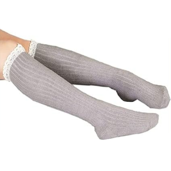 Over The Knee Slouch Lace Trim Beige Boot Socks Sexy Fall Thigh High OTK New - Picture 3 of 6